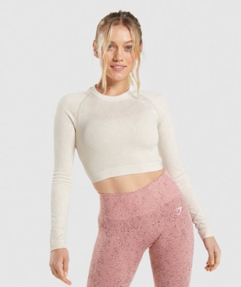 Women's Gymshark Adapt Fleck Seamless Long Sleeve Cropped Tops White | CA 560N73